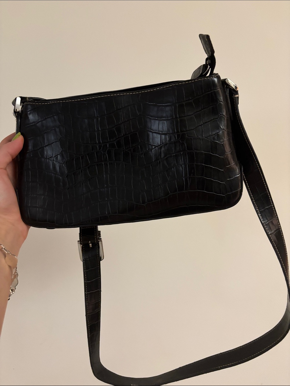 Y2K Liz Claiborne Black Croc Embossed Shoulder Bag Baguette Purse